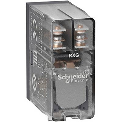 Průhledné relé značky Schneider Electric se dvěma viditelnými cívkami a nápisem 'RXG' na přední straně.