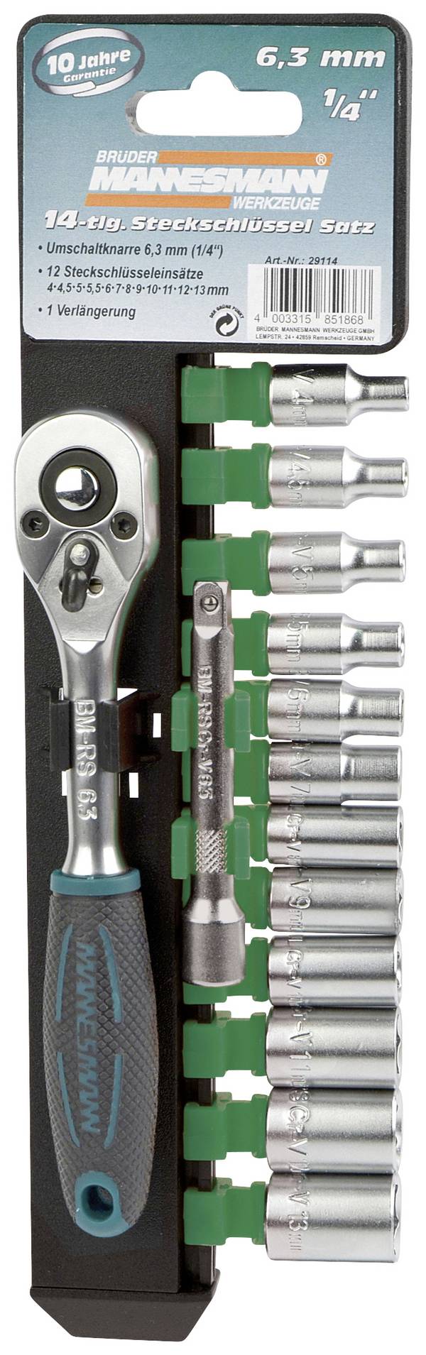 Brüder Mannesmann  M29114 1/4" (6,3 mm) sada nástrčných klíčů    4, 4.5, 5, 5.5, 6, 7, 8, 9, 10, 11, 12, 13, 14