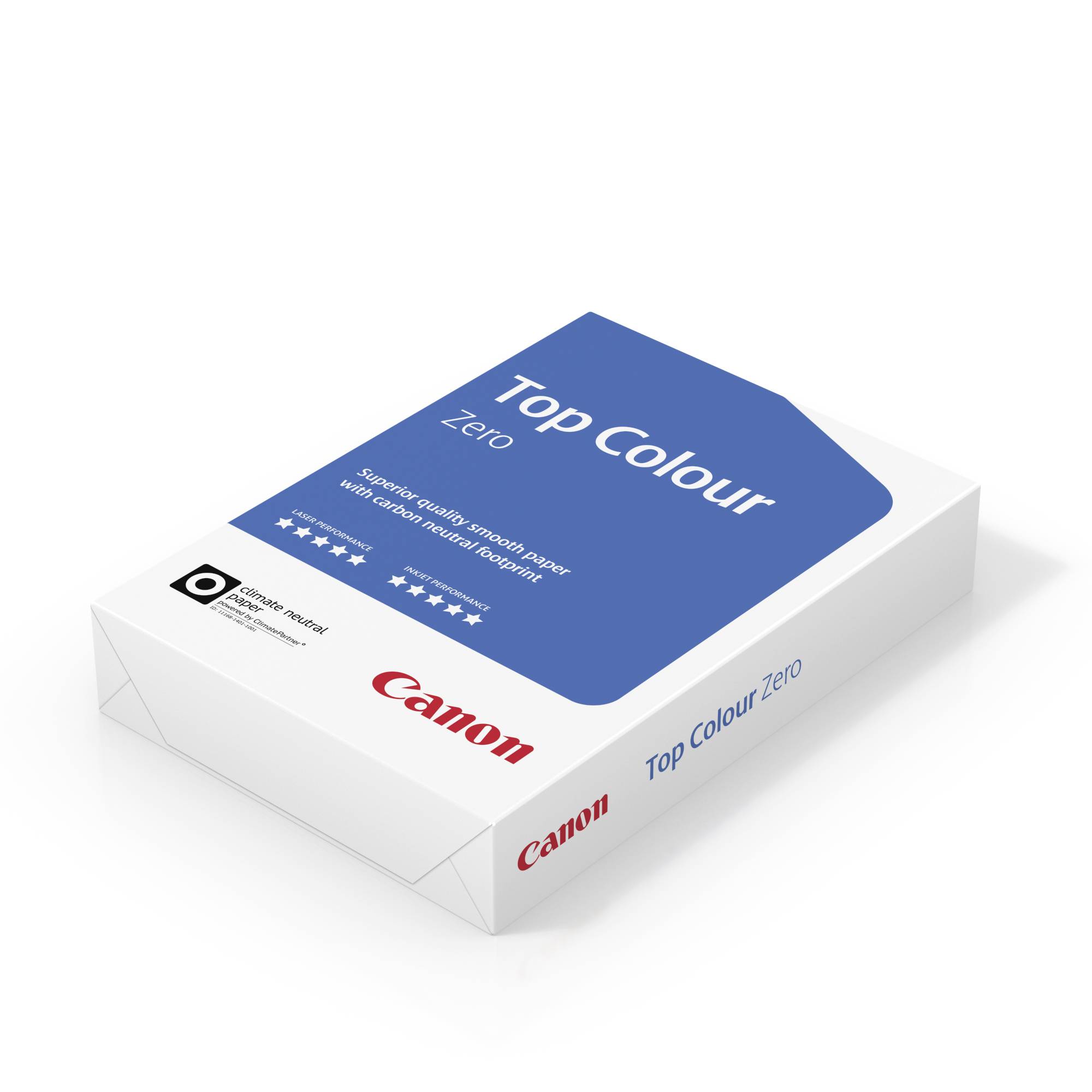 Obrázek zobrazuje balení kopírovacího papíru značky Canon, model 'Top Colour Zero'. Balení je označeno ekologickou známkou 'Modrý anděl'.