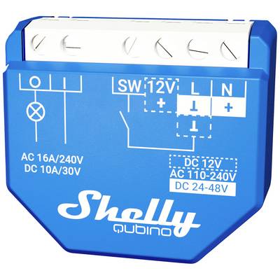 Modrý spínač Shelly Qubino, pohled zepředu se zobrazením elektrických připojení a specifikací napětí (AC/DC).