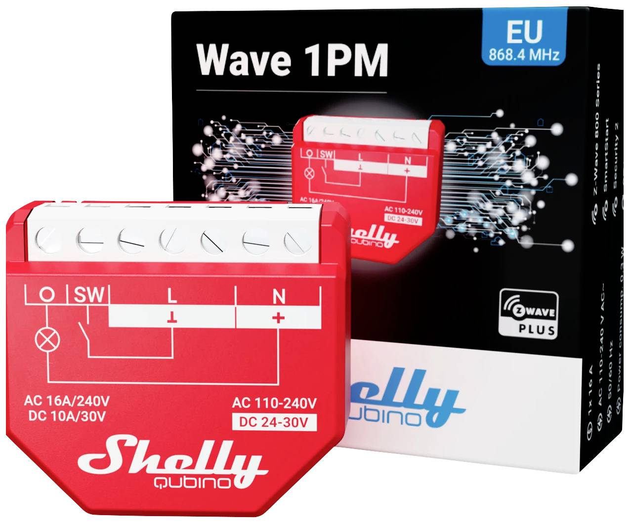 Červený elektronický spínač 'Shelly 1PM' před balením. Určen k ovládání elektrických zařízení. Podporuje AC 110-240V, DC 24-30V.