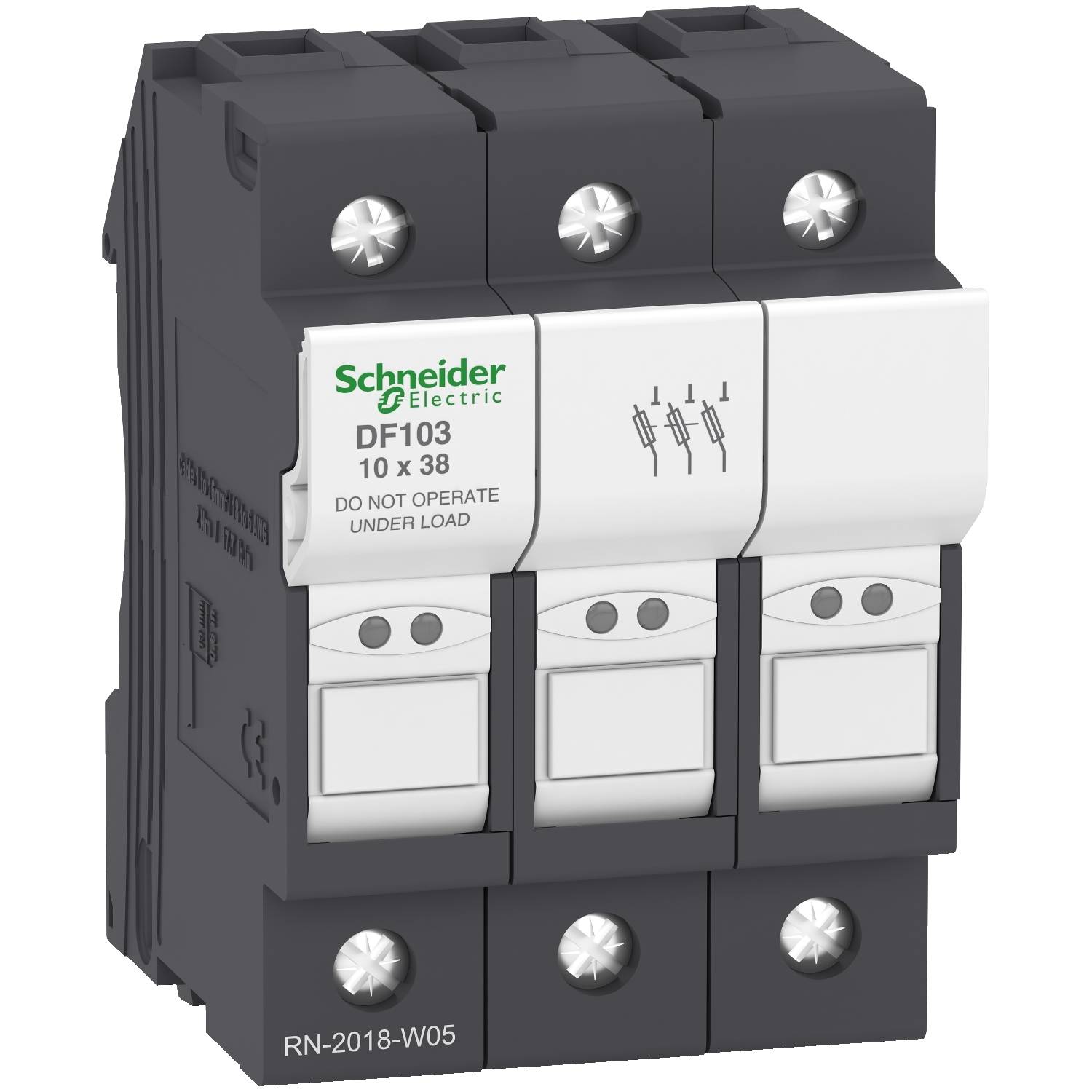 Třípólový nosič pojistek značky Schneider Electric s modelem DF103, vhodný pro pojistky velikosti 10 x 38.