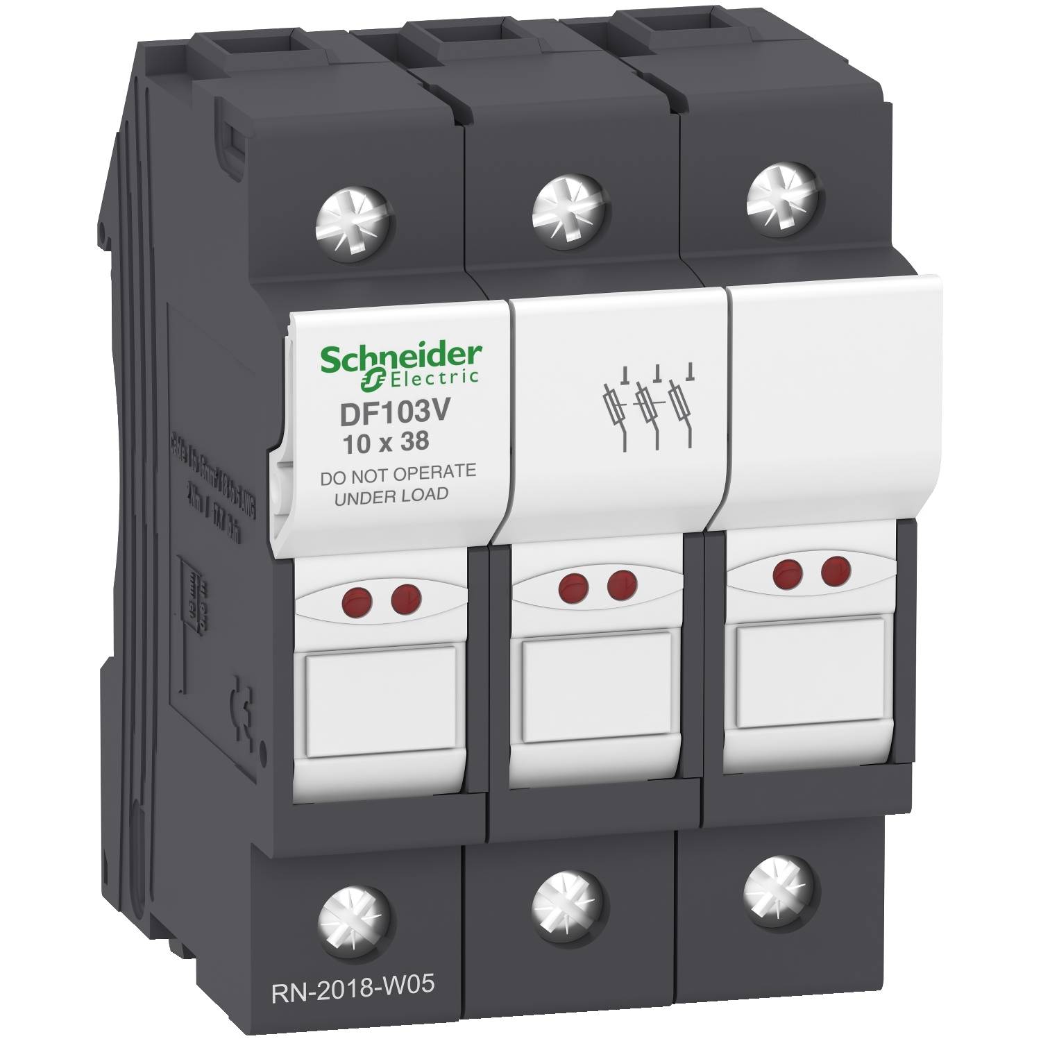 Třífázový pojistkový držák od Schneider Electric, model DF103V. Obsahuje tři pojistky, označené výstražným upozorněním: Nezapínat pod zátěží.