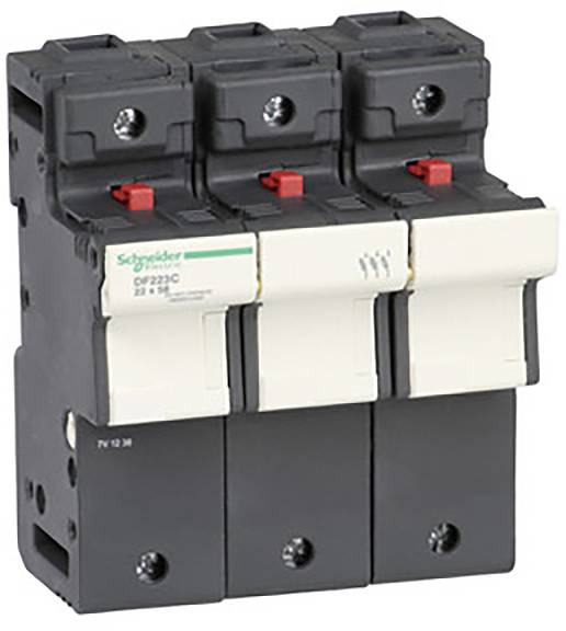 Trojitý ochranný spínač od Schneider Electric s černými pákovými spínači a bílými kryty spínačů, vhodný pro elektrické instalace.