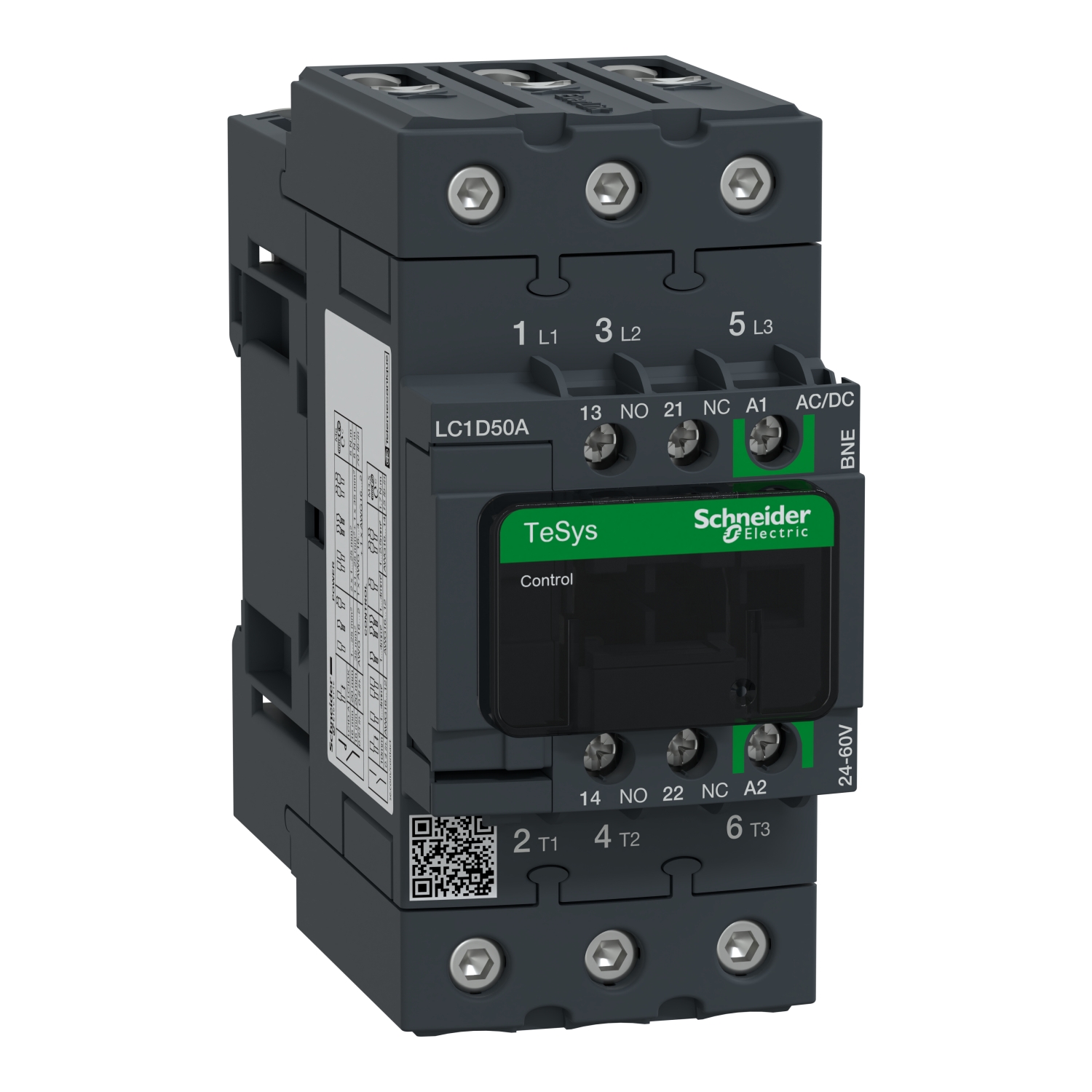 Černý stykač TeSys od Schneider Electric, model LC1D50A, se zeleným štítkem, určený pro elektrické řídicí aplikace.