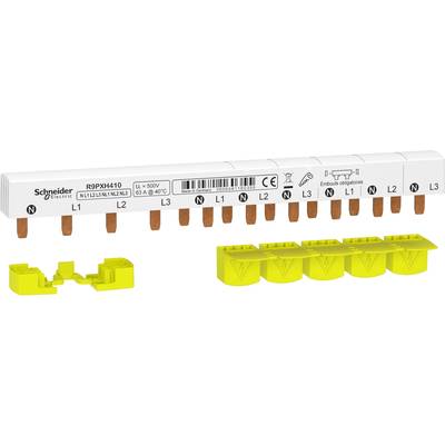 Fázová lišta od Schneider Electric se žlutými kryty, vhodná pro čtyři třípólové jističe, s označením L1, L2, L3.