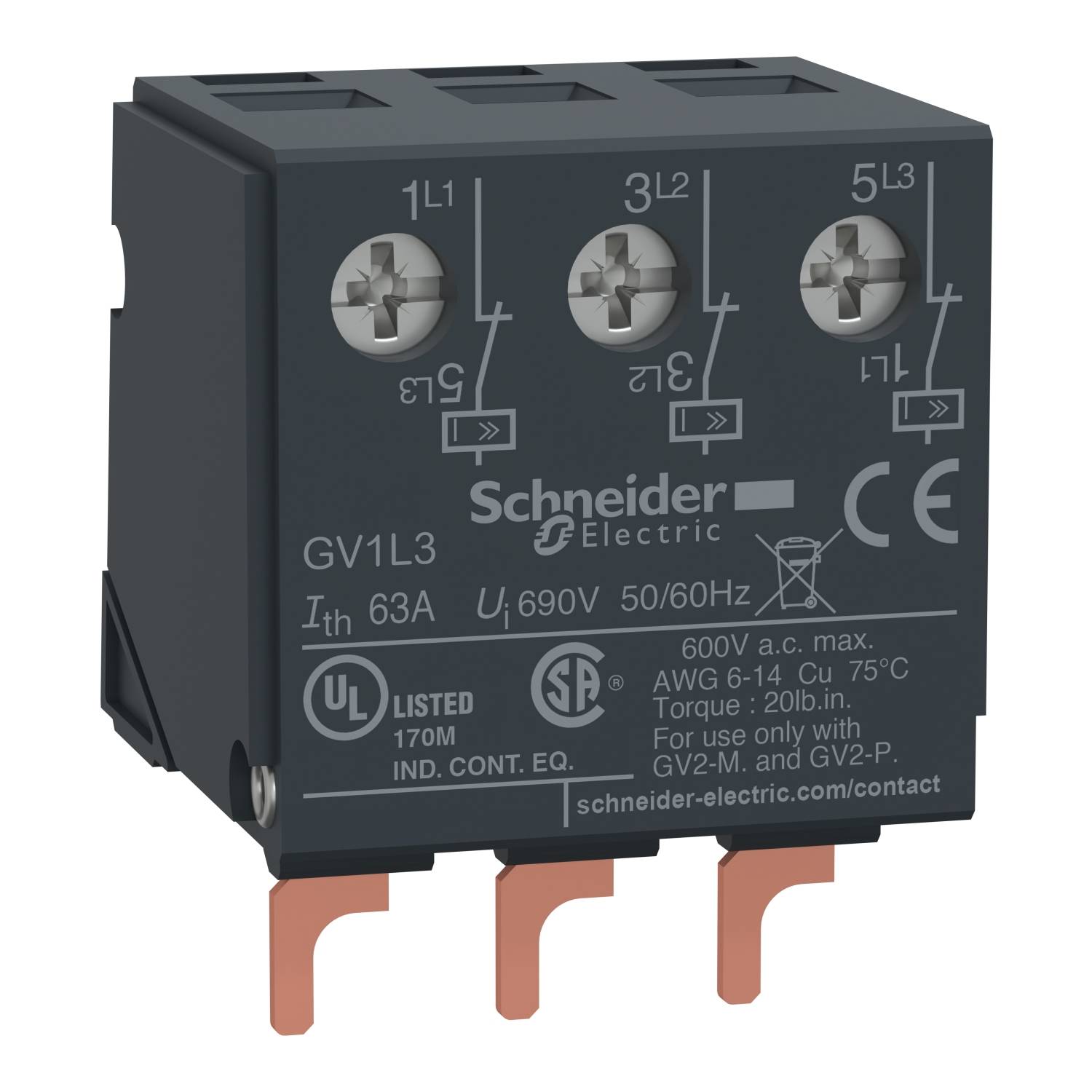 Trojpólový elektrický spínač s nápisem 'Schneider Electric GV1L3', navržený pro 600V a 63A, zobrazuje připojovací svorky.