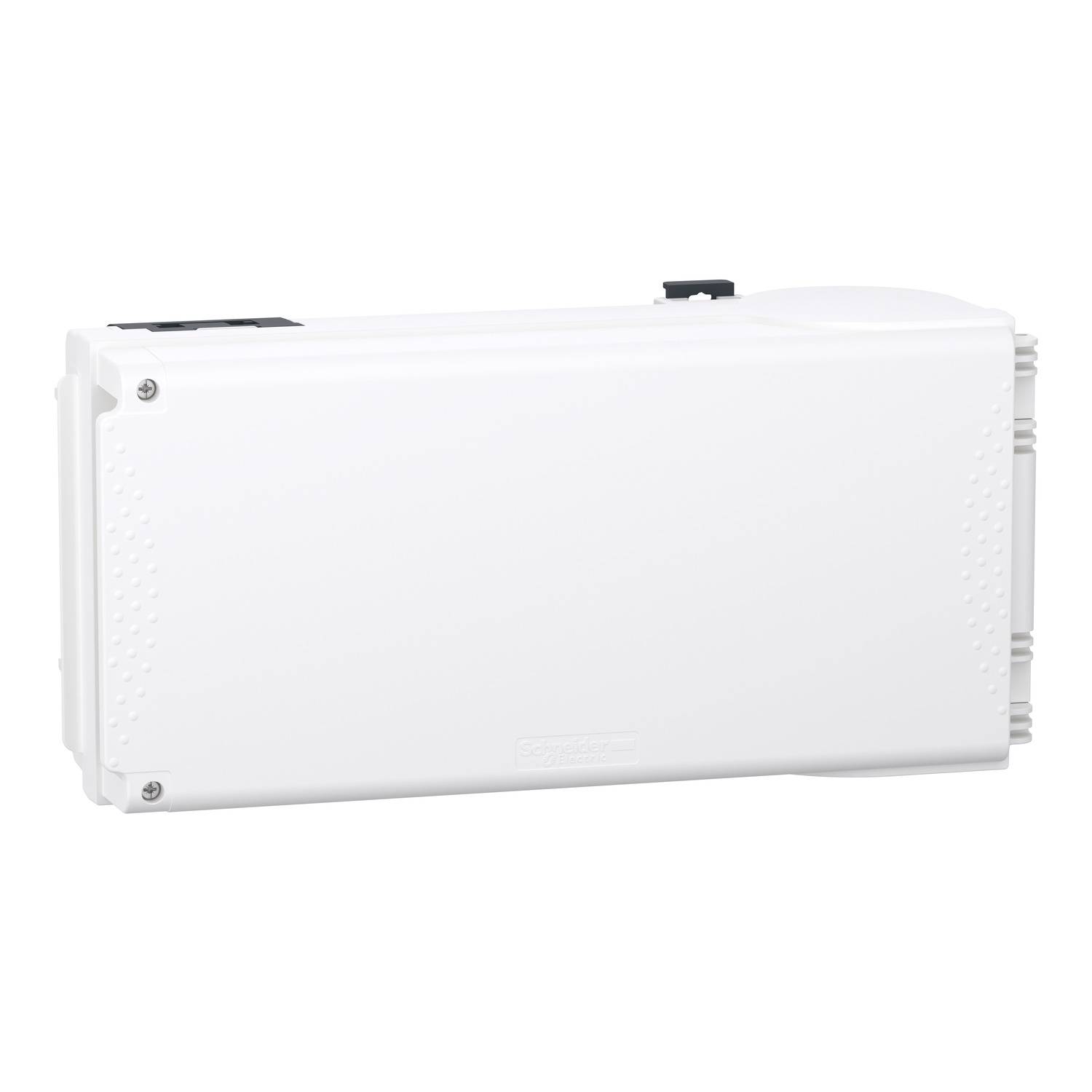 Bílý, obdélníkový elektronický box se zaoblenými hranami a několika konektory na straně.