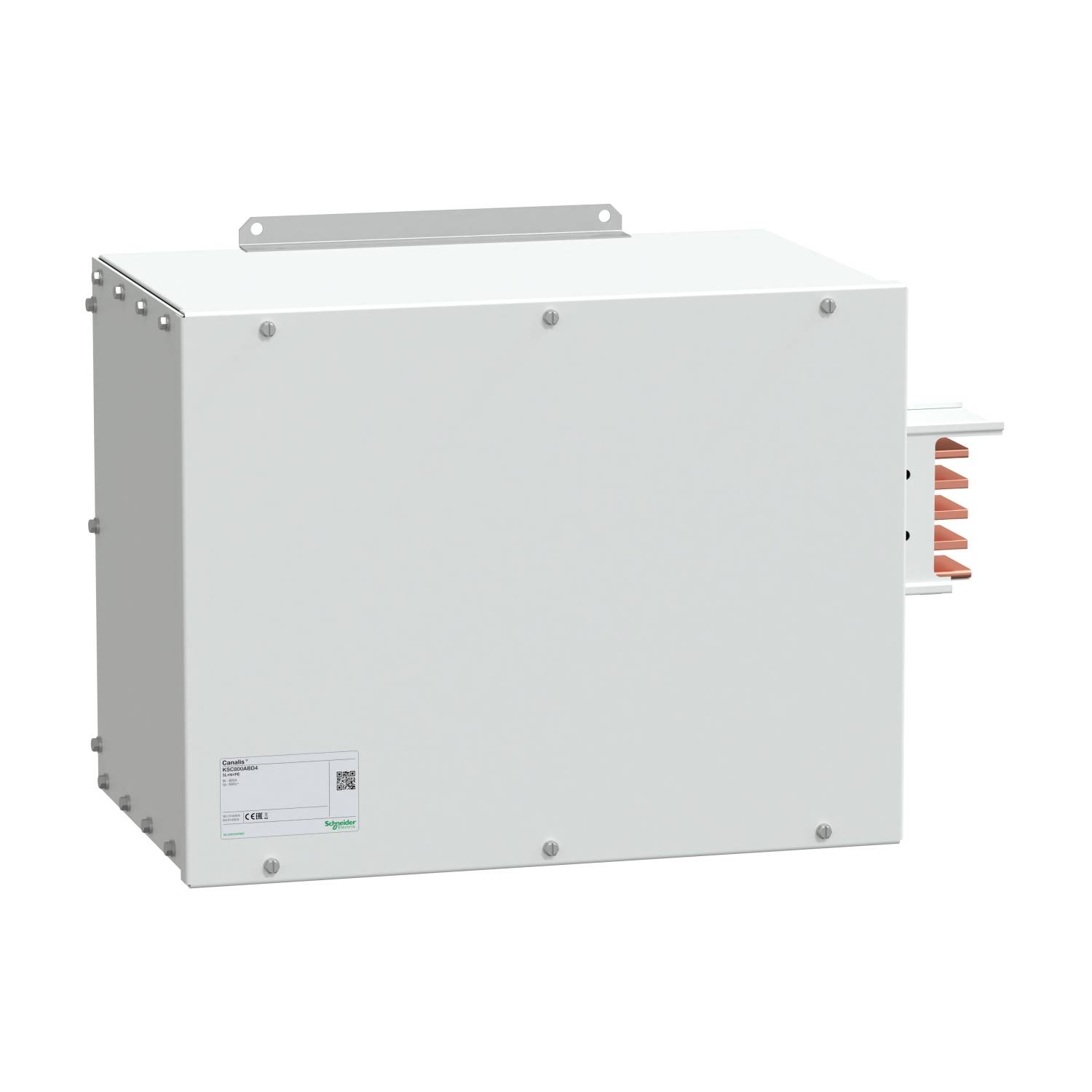 Obdélníkový bílý elektrický kryt s bočními měděnými svorkami, pravděpodobně elektronická součástka nebo transformátor.