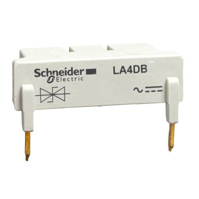 Elektrotechnická součástka 'Schneider Electric', model 'LA4DB', se dvěma kovovými kolíky. Na povrchu vytištěno elektronické symbolem pro střídavý proud.