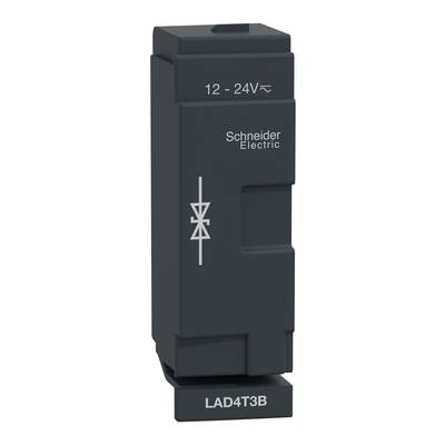Černý elektronický modul se logem Schneider Electric, označený '12 - 24V=∼' a 'LAD4T3B', zobrazuje elektrické specifikace.