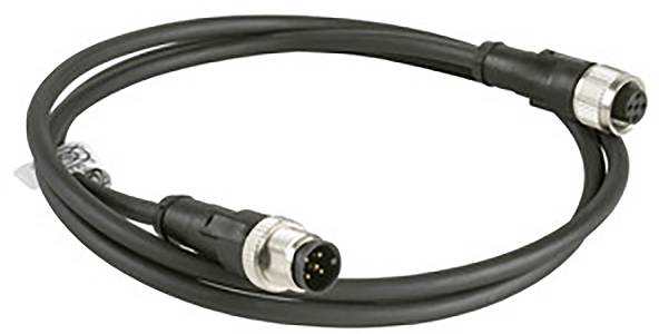 Černý elektrický kabel s válcovitými zástrčkami na obou koncích, zobrazuje šestipolové připojení.