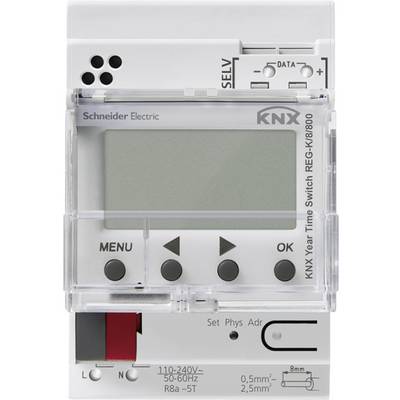 Elektronické spínací hodiny od Schneider Electric s digitálním displejem, tlačítky pro nabídku a potvrzení. Využívá technologii KNX.