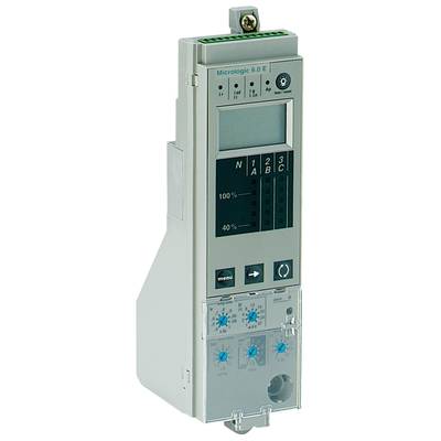 Šedé elektronické řídicí zařízení s digitálním displejem a několika ovládacími prvky, vhodné pro monitorování a řízení elektrického proudu.