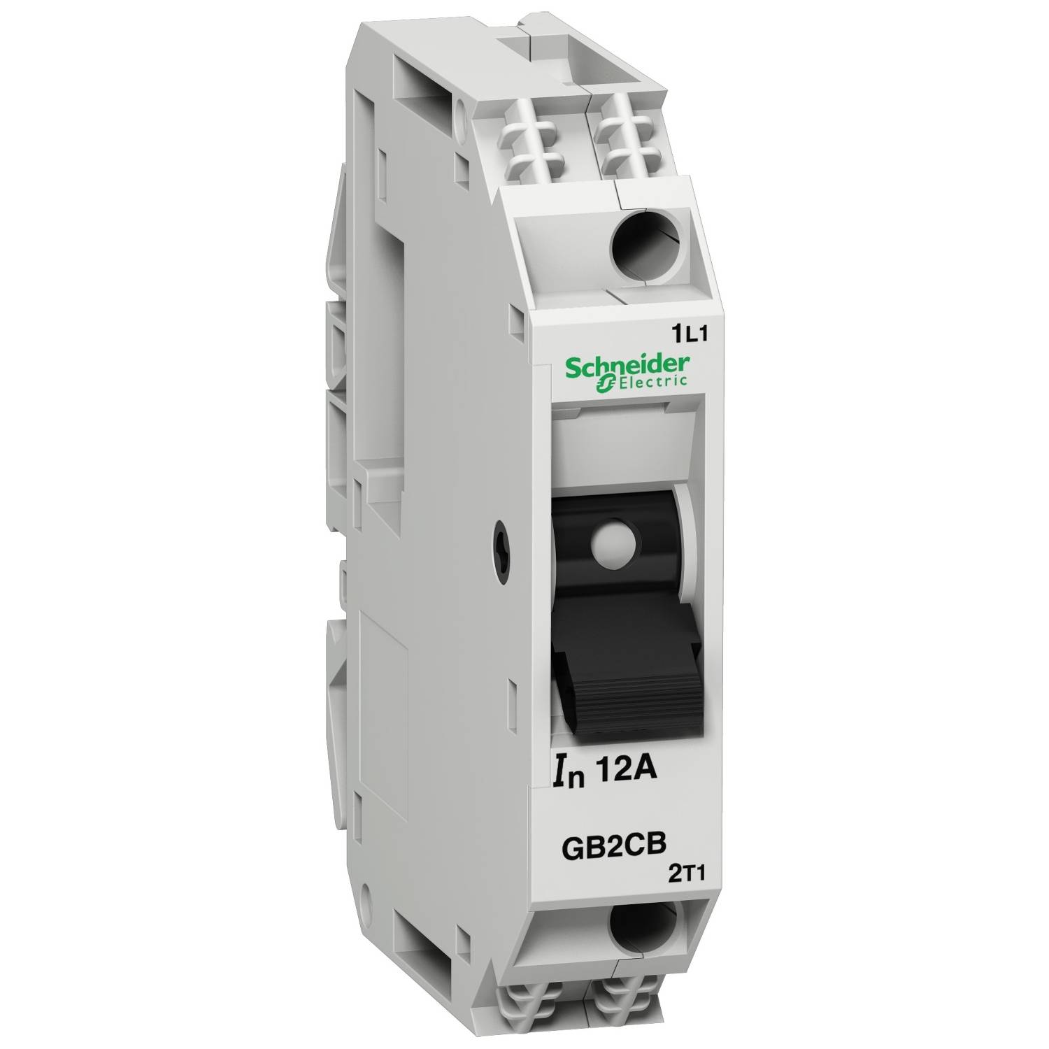 Bílý jistič s nápisem 'Schneider Electric'. Označený 'In 12A' a 'GB2CB'.
