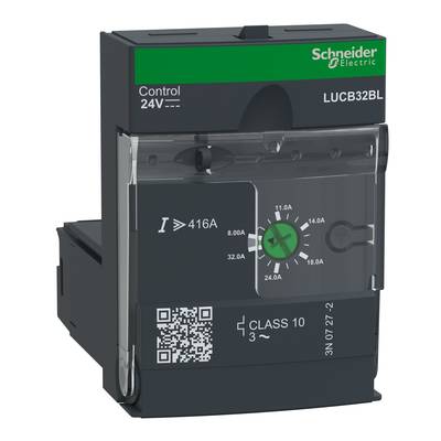 Spínač od Schneider Electric, model LUC8. Označený pro 24V řízení, s QR kódem a otočným regulátorem ampérů.