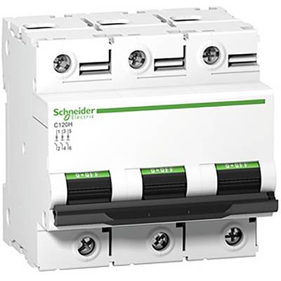 Třípólový výkonový jistič od společnosti Schneider Electric s zeleným potiskem, vhodný pro použití v elektrických rozvaděčích.