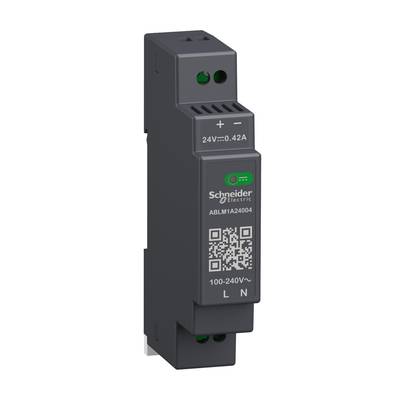 Černé elektrické zařízení se zelenou LED indikací od společnosti Schneider Electric, model ABLM1A24004. Vstupy pro 100-240V~.