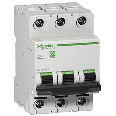 Třípólový jistič společnosti Schneider Electric, model C60N, s zelenými a černými indikátory zapnutí/vypnutí.