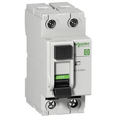 Dvoupólový ochranný spínač od Schneider Electric s vypínačem 'T' a zeleným indikátorem 'OFF', vhodný pro elektrické jisticí systémy.