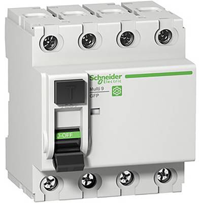 Čtyřpólový proudový chránič od společnosti 'Schneider Electric' se zeleným logem a pákou v poloze 'VYP', model 'Multi 9 GFP'.