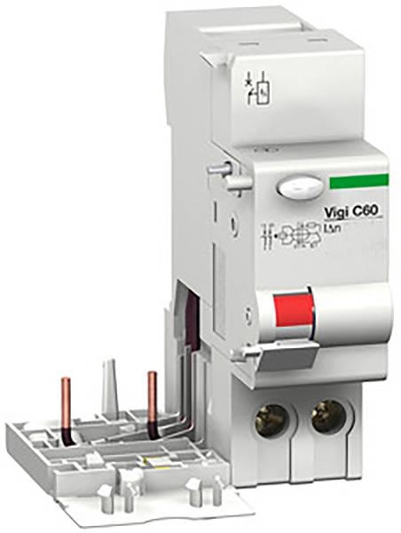 Šedý ochranný jistič s nápisem 'Vigi C60'. Má sklopný červený spínač a viditelné přípojky pro elektrikářské kabely.