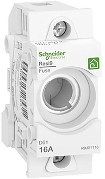 'Jistič D01 16A od Schneider Electric, série Resi9. Bílé pouzdro se zeleným logem nahoře.'