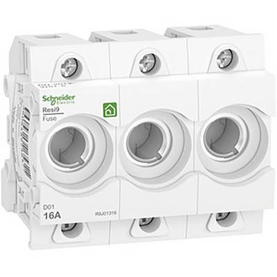Třífázový pojistkový držák od Schneider Electric s označením 'Resi9 Fuse 16A'. Vhodný pro elektrické instalace.
