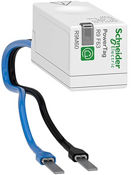 'PowerTag RF63 od Schneider Electric: Malé, obdélníkové zařízení s modrým a černým kabelem pro monitorování energie.'