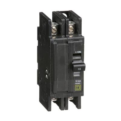Černý výkonový spínač označený 'ON' a '15' ukazuje elektrickou kapacitu 10 kA při 120/240 V.