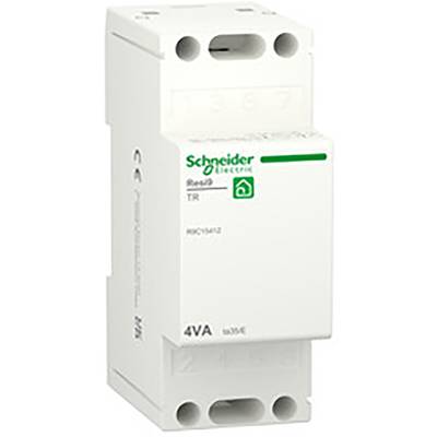 Bílý elektrický transformátor od společnosti Schneider Electric s nápisem 'Resi9', model 'R9C15412', 4VA.