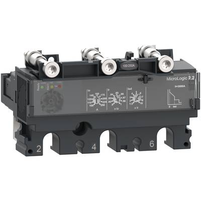 Elektronický ochranný spínač se třemi svorkami nahoře. Nápis 'MicroLogic 2.2'. Displej pro nastavení proudu a napětí.