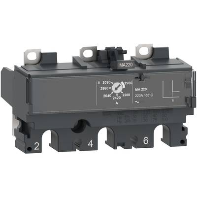 Šedý, obdélníkový elektrický výkonový spínač s popisky pro indikaci proudu a teploty, montovatelný na lištu.