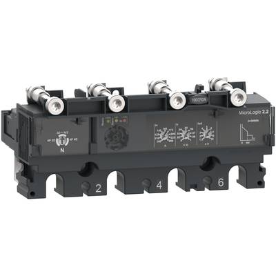 Černý výkonový vypínač se šesti označenými svorkami nahoře a dole, s identifikací značky 'MicroLogic 2.2'.