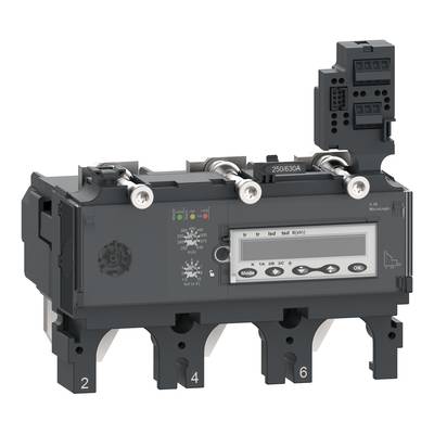 Elektrický výkonový jistič s digitálním displejem a pěti kabelovými přípojkami, číslovanými 2, 4, 6. Model 250/630A.