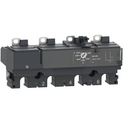 Elektrický výkonový spínač s několika svorkami, označenými proudovými hodnotami a grafickým symbolem pro elektrické obvody.