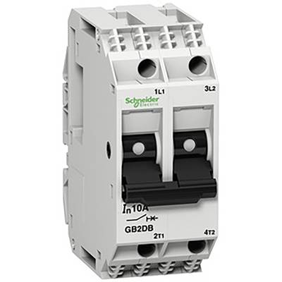 Bílý výkonový spínač od Schneider Electric se dvěma přepínači, označený štítky 'In 10A' a 'GB2DB'.
