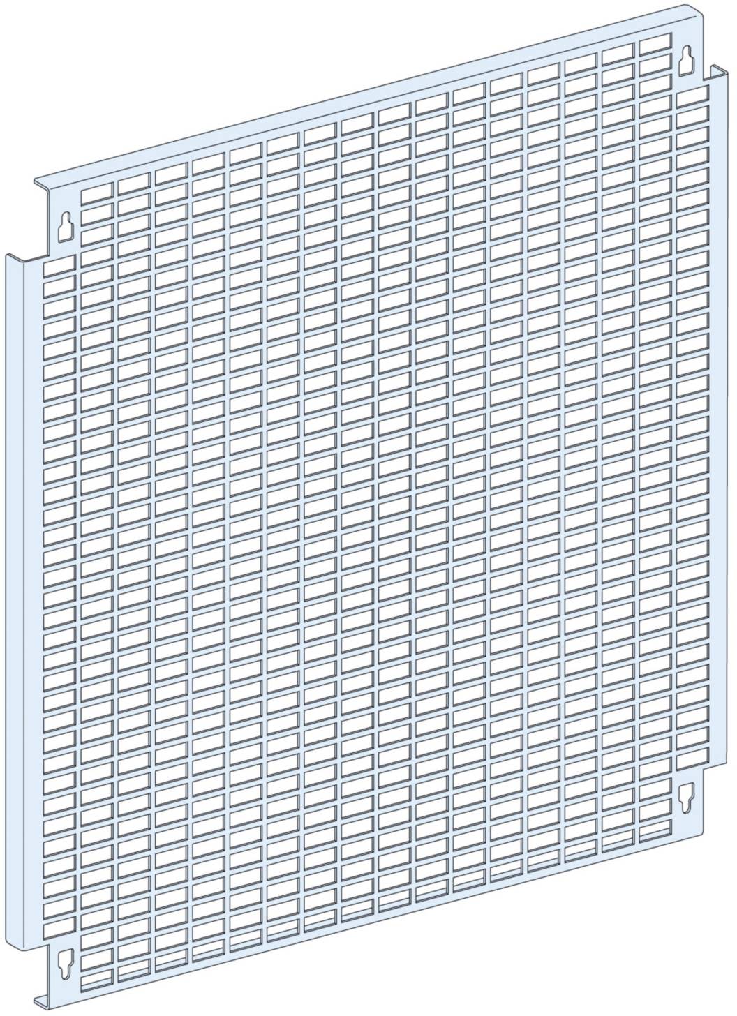 Obdélníkový světle modrý mřížkový panel se čtvercovými otvory.
