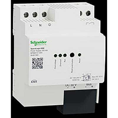 Bílý spínaný napájecí zdroj od Schneider Electric určený pro montáž na DIN lištu, vybavený LED indikátory a připojovacími svorkami.