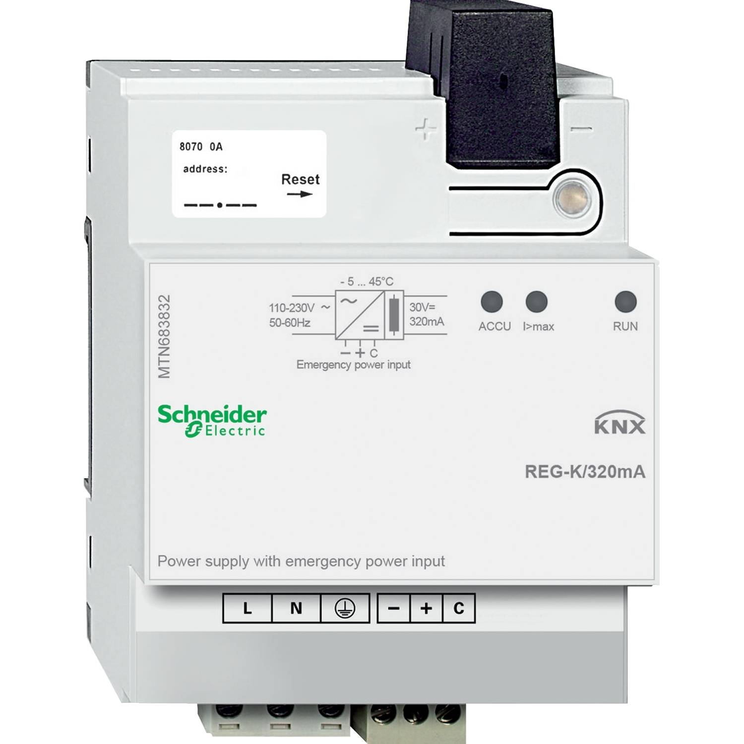 Napájecí zdroj KNX od společnosti Schneider Electric s nápisem „Napájecí zdroj s vstupem nouzového napájení", vhodný pro montáž na DIN lištu.
