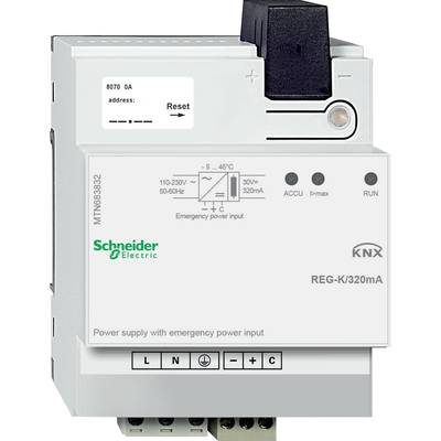 Napájecí zdroj KNX od společnosti Schneider Electric s nápisem „Napájecí zdroj s vstupem nouzového napájení", vhodný pro montáž na DIN lištu.
