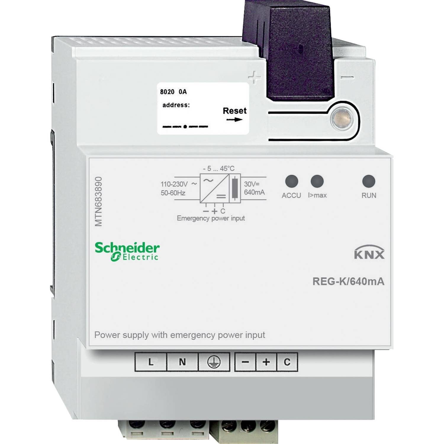 Schneider Electric ochranný spínač KNX REG-K/640mA pro řízení proudu s resetovacím tlačítkem a LED indikátory pro baterii a provoz.