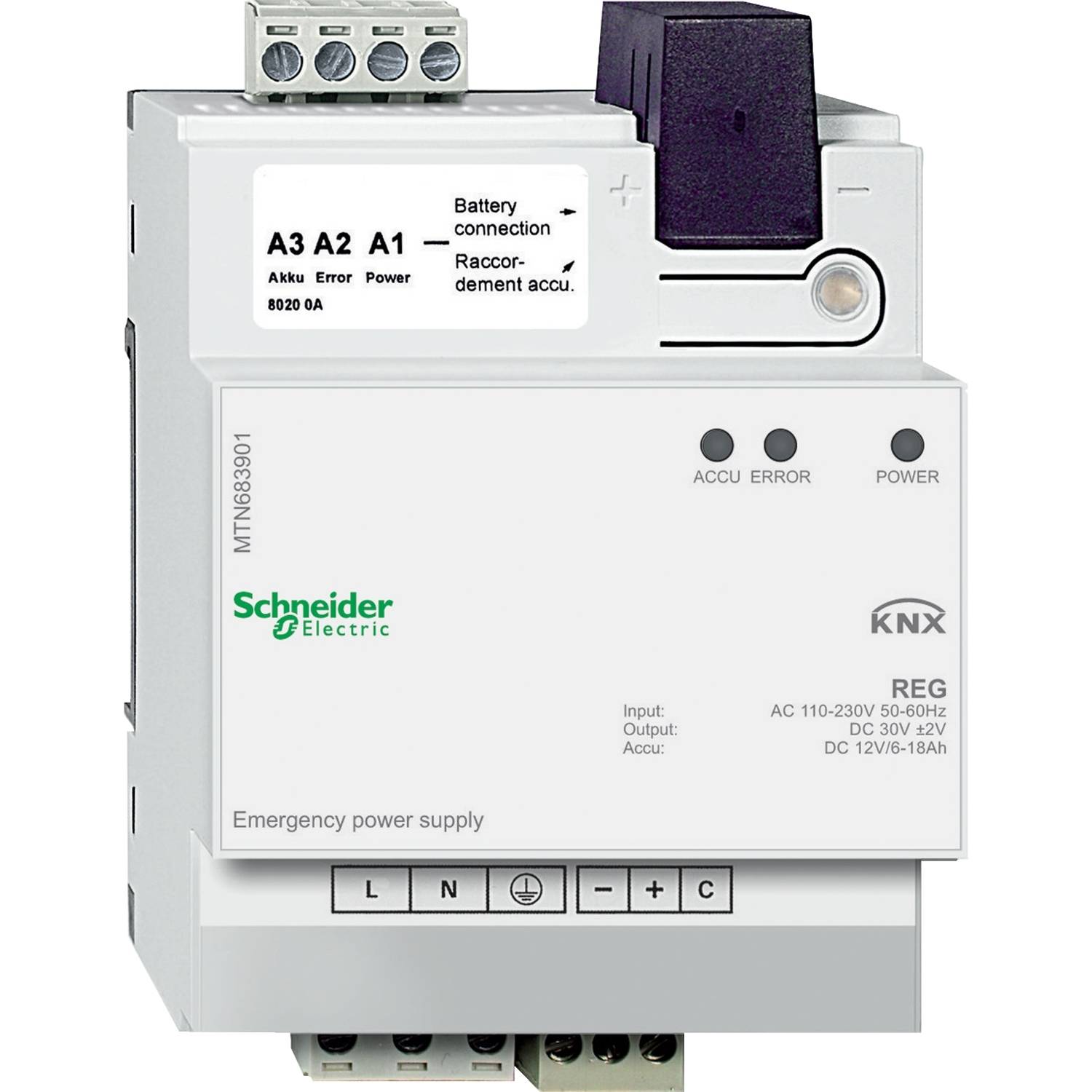 KNX napájecí zdroj, model od společnosti Schneider Electric, s různými konektory a indikátory pro 'Baterii', 'Poruchu' a 'Napájení'.