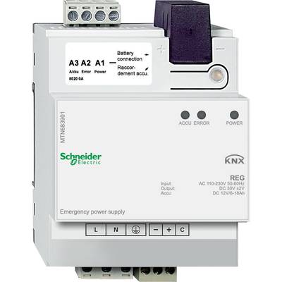 KNX napájecí zdroj, model od společnosti Schneider Electric, s různými konektory a indikátory pro 'Baterii', 'Poruchu' a 'Napájení'.