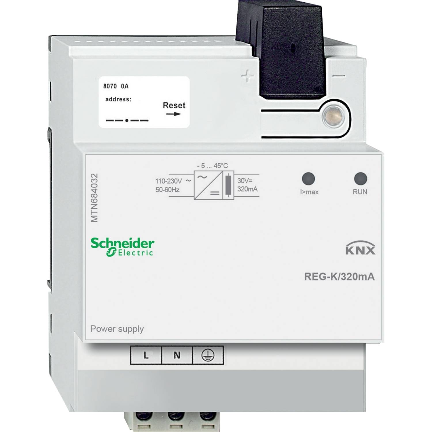 Elektrické spínací zařízení od Schneider Electric; Model: REG-K/320mA. Pohled zepředu s napájecím zdrojem a resetovacím tlačítkem.