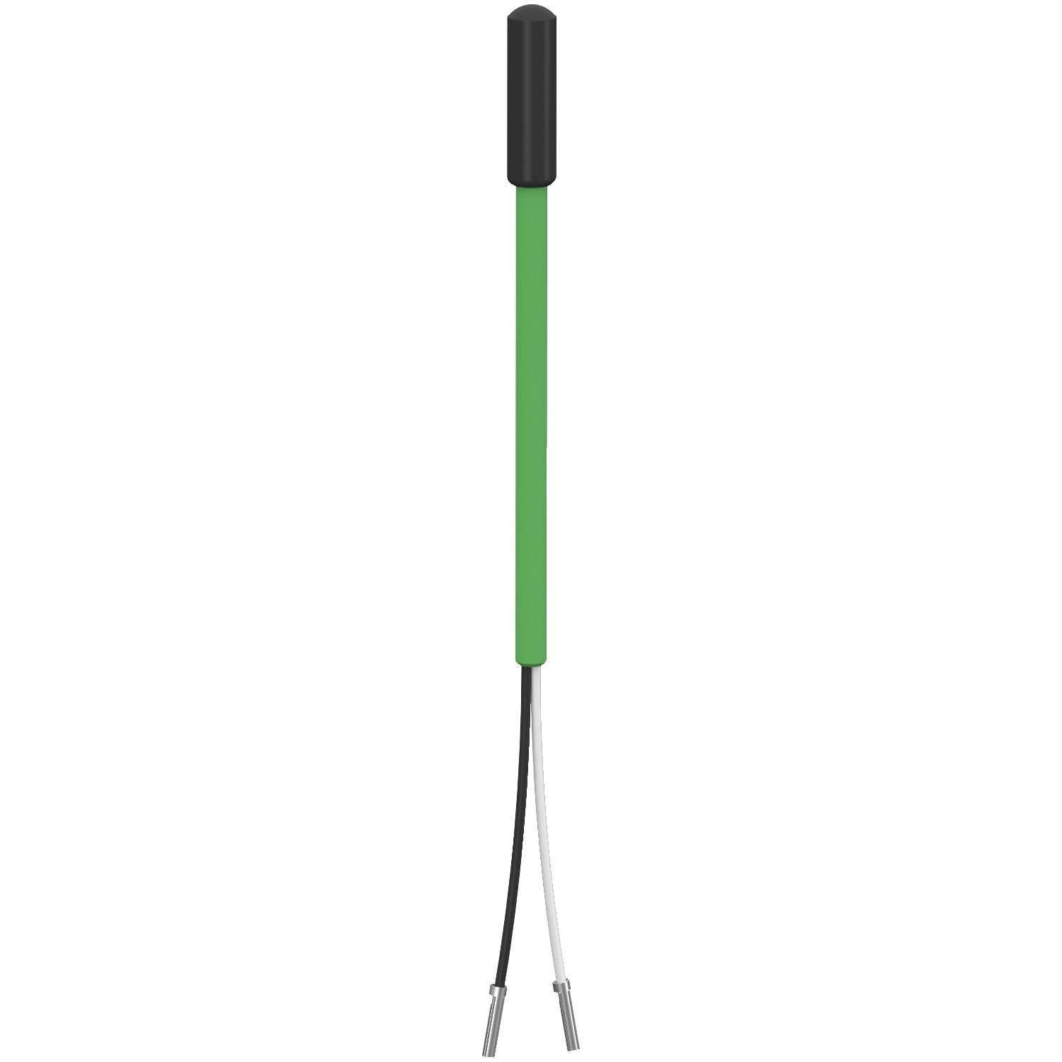 Zelený kabel s černým senzorem na špičce, dva vodiče (černý a bílý) na druhém konci, stojí ve svislé poloze.