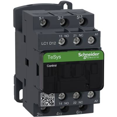 Motorový stykač Schneider Electric s označením 'TeSys', modelové číslo LC1 D12, svorky 1L1 až 3L3 a 2T1 až 6T3.