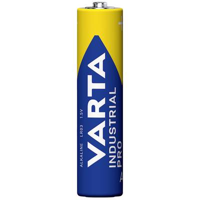 Baterie AA od Varty s nápisem 'Industrial Pro', modro-žlutý design, 1,5 V, typ LR03, alkalická.