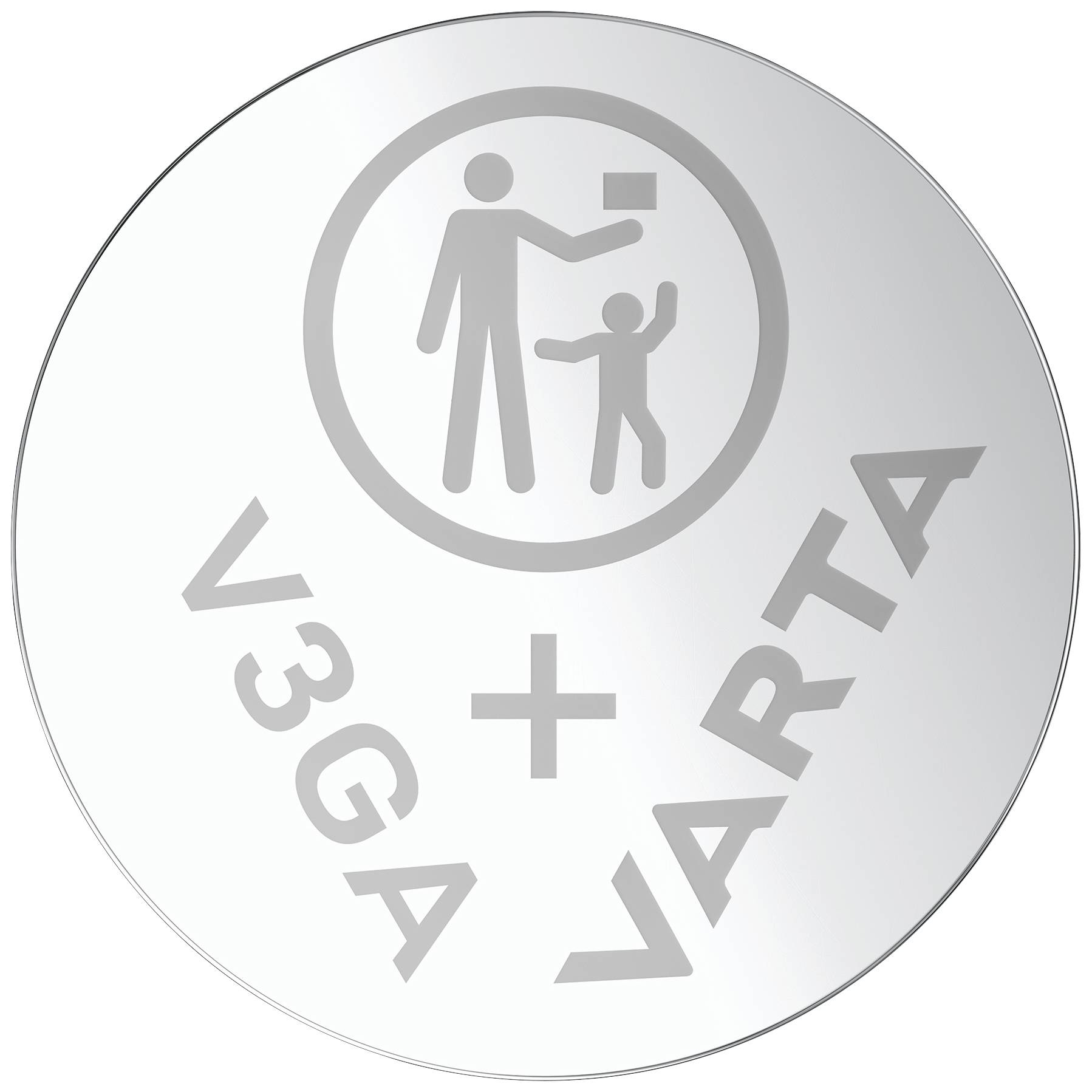 Baterie 'Varta V3GA+' se symbolem: Dospělý podává předmět dítěti.
