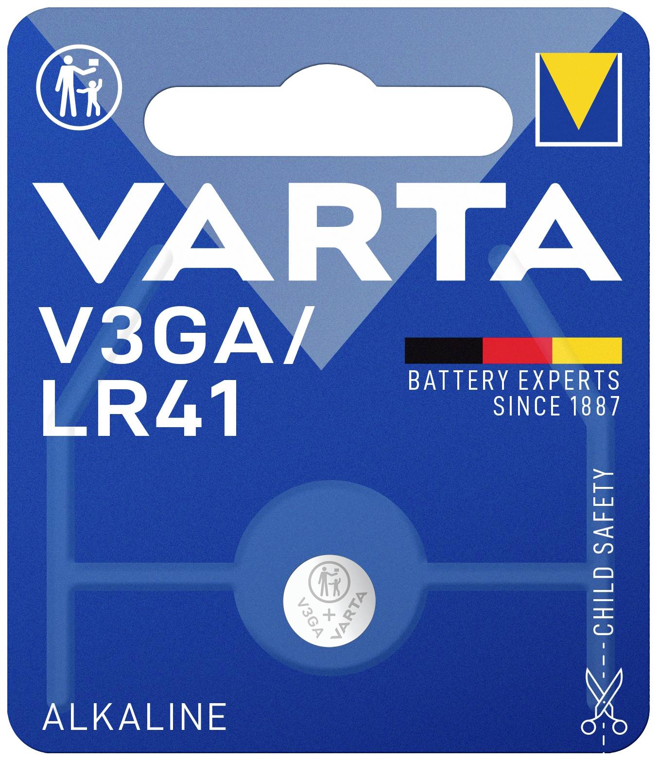 Balení alkalické baterie VARTA V3GA/LR41. Prezentuje baterii s bezpečnostními prvky pro děti a firemním logem.
